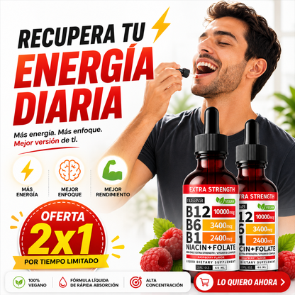 SUPLEMENTO LÍQUIDO DE VITAMINA B12+B6+B1+NIACIN+FOLATO CON FRAMBUESA OFERTA 2X1